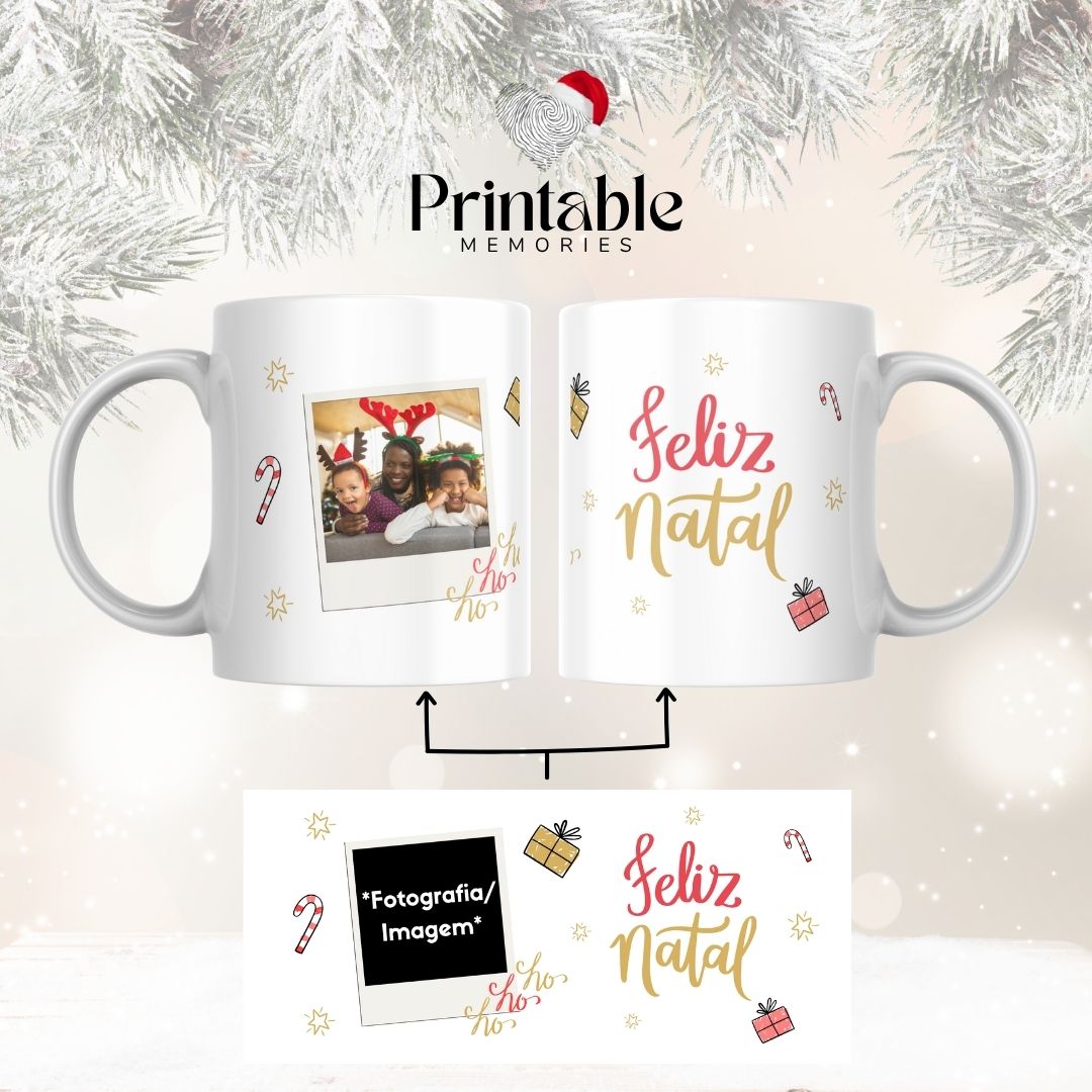 Caneca “Feliz Natal Ho Ho Ho” com 1 Fotografia Printable Memories