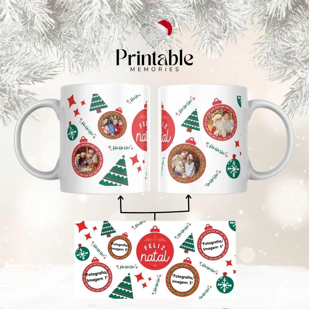 Caneca de Natal – Bolas e Árvore 🎅🎄 Personalizável Printable Memories