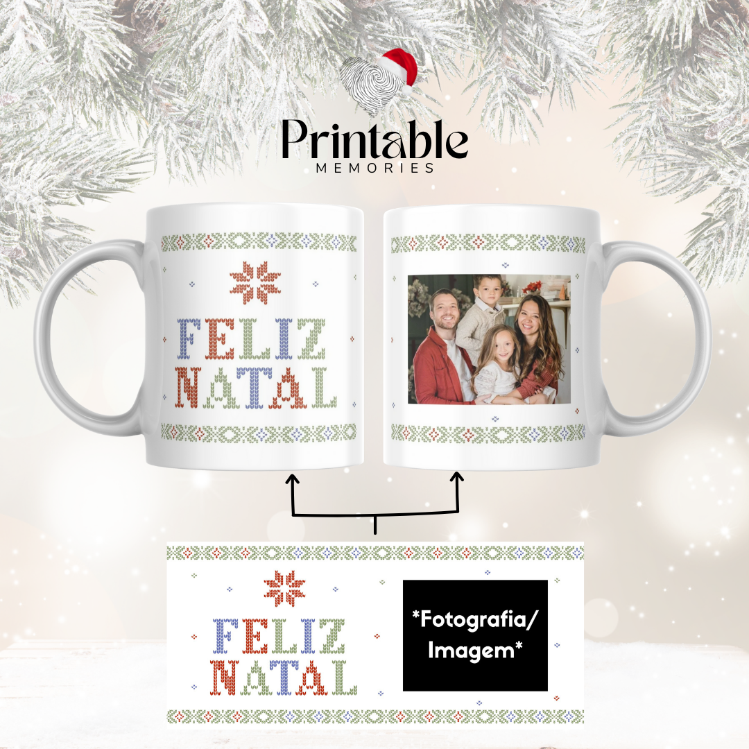 Caneca Personalizada de Natal “Feliz Natal” com Foto – Presente Personalizado Printable Memories