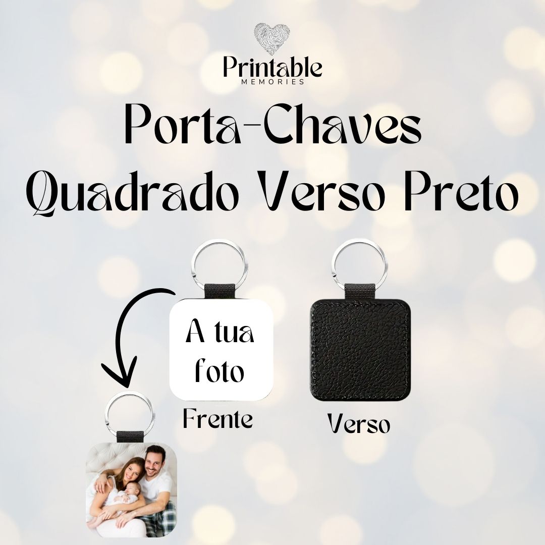 Porta-chaves Quadrado Personalizado – Preto tipo couro Printable Memories