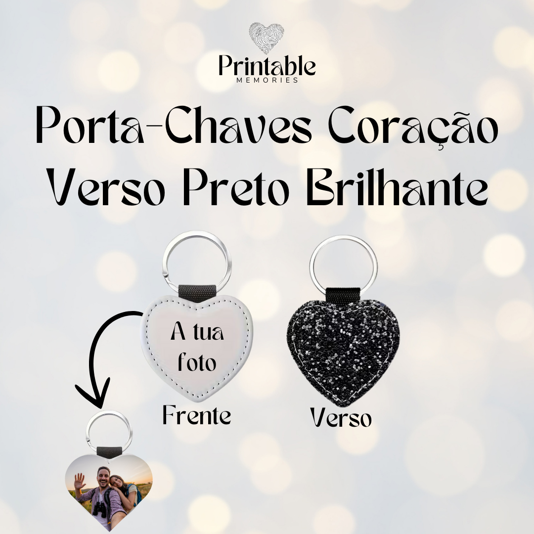 Porta-Chaves Coração Personalizável (1 Lado) com Verso Preto Brilhante ✨🔑 Printable Memories