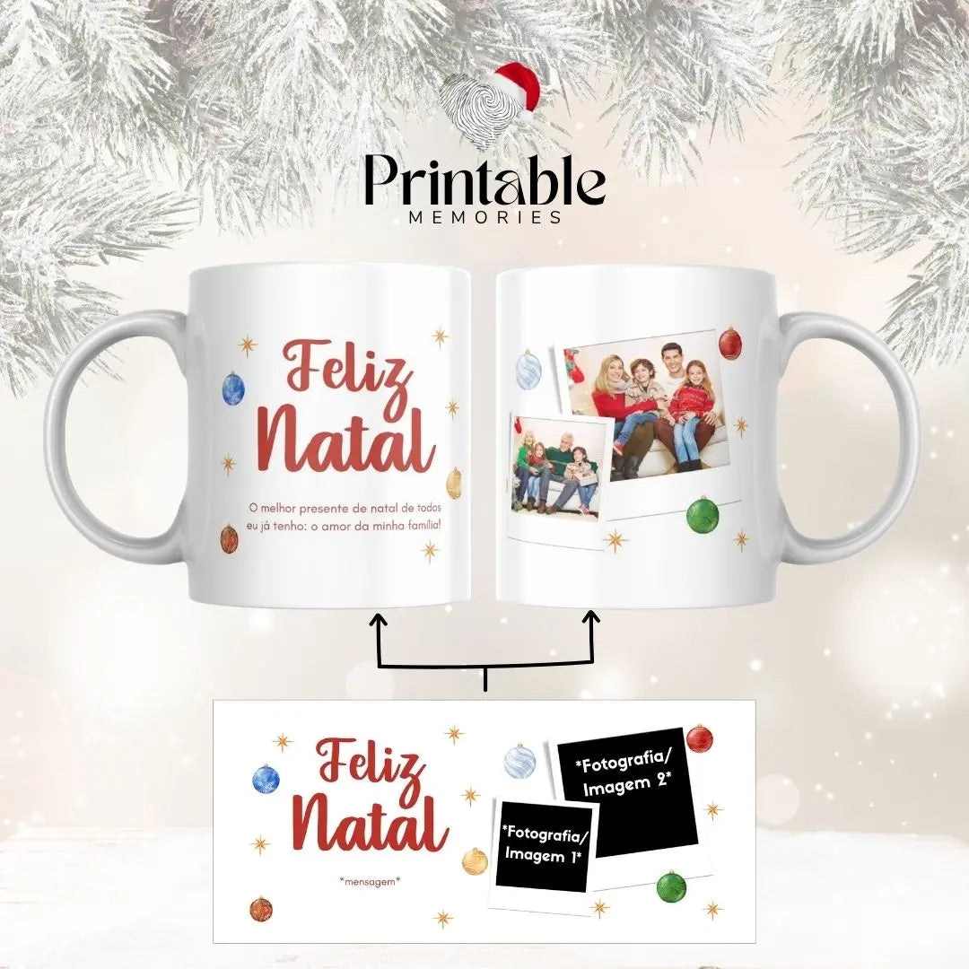 Caneca Feliz Natal com 2 Fotografias + Mensagem Personalizada Printable Memories