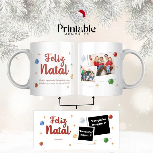 Caneca Feliz Natal com 2 Fotografias + Mensagem Personalizada Printable Memories